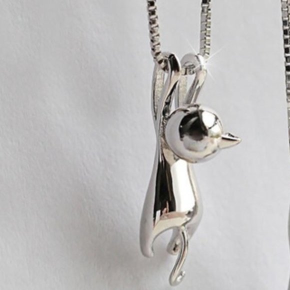 TT-Silver Tone "Hang In There" Cat Pendant Necklace - Picture 1 of 7